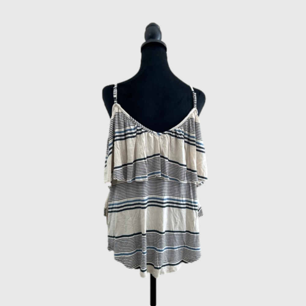 Chaser Ruffle Stripe V Neck Tank Top Medium Cream Blue - Picture 4 of 8